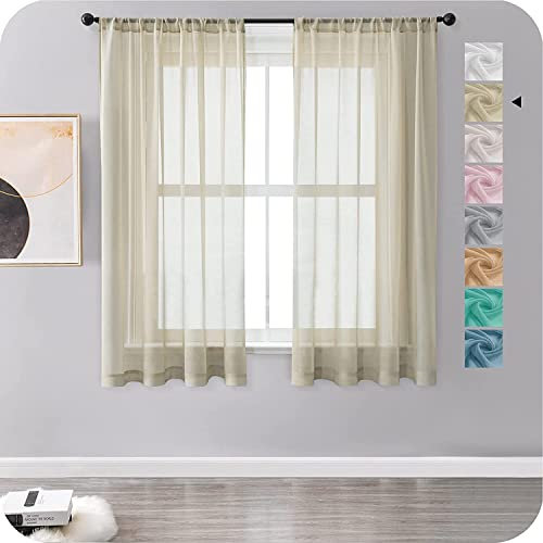 MRTREES Vorhänge Gardinen mit Store Vorhang Voile halbtransparent kurz in Leinenoptik Gardine Schals Beige Creme 145×140cm (H×B) für Wohnzimmer Schlafzimmer Kinderzimmer 2er Set