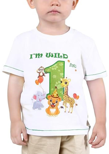 Baby Junge 1. Geburtstag T Shirt - Waldtiere Geburtstag Partyzubehör Kurzarm Ich Bin wild und 1 EIN Jahr Dschungel Geburtstagsfeier 100% Baumwolle gedruckt T-Shirt Geschenk (Weiß, 80)