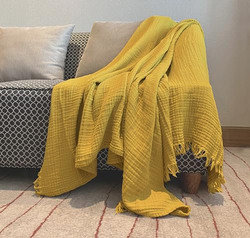 KyraHome Coperta in mussola di cotone 100% biologico, 140 x 152 cm, per divano, adulti, tinta a mano, traspirante, morbida e leggera, per adulti, per tutte le stagioni (giallo senape)