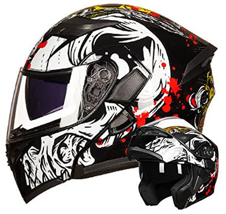 Modularer Motorrad helm Klapphelm mit doppelter Antibeschlagscheibe D.O.T Integralhelm für Herren & Damen Moped Roller Motorrad helme (Hellschwarzer Totenkopf) (61~62cm XL)
