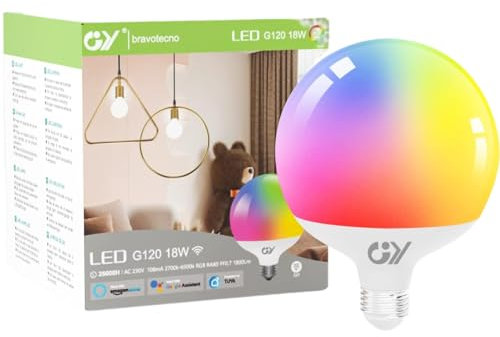 GY Bombilla Inteligente E27 WIFI Bombillas Globo Grande G120-18W 1900LM RGB 2700K-6500K Regulable - Bombilla Inteligente Alexa Compatible con Google Home, TUYA, Smart Life(1 Unidad)
