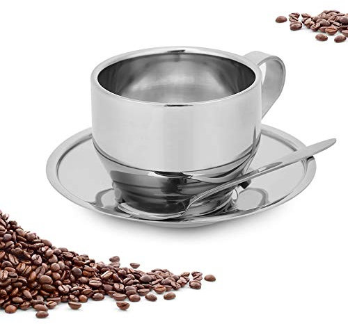 Stainless Steel Coffee Mugs Set, 4oz Double Wall Coffee Cup with Saucer and Spoon, Cappuccino Coffee Latte Tea Espresso Mug