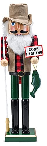 Ornativity Christmas Fisher Man Nutcracker – Red and Green Wooden Fisherman Nutcracker Man with Fishing Rod and Fish in Hand Xmas Themed Holiday Nut Cracker Doll Figure Decorations