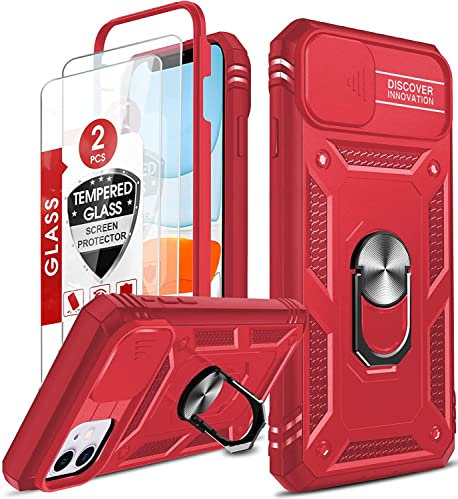 LeYi for iPhone 11 Case and 2 Tempered Glass Screen Protector with Lens Camera Cover,Ring Holder Support Full Body Protective Heavy Duty Thin Shockproof Tough Girl Women Hard Phone Cover,Red