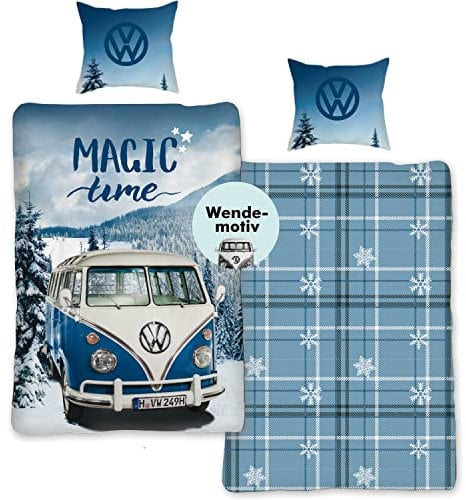 VW Biber-Bettwäsche Volkswagen T1 Camper 135x200 VW Bus Bettbezug Bettwäsche-Set Baumwolle Deutsche Größe Öko TEX Standard