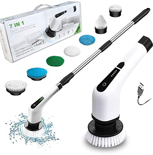 FARI Elektrischer Schleuderwäscher,Akku-Reinigungsbürste mit 7 austauschbaren Bohrbürstenköpfen, Wanne und Bodenfliesen 360 Power Scrubber Mop mit verstellbarem Griff für Badezimmer Küche Auto (Weiß)