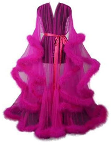 UIHECTA Robe De Chambre Kimono En Tulle Pour Femme Plume Robe Garniture Fourrure Robe Chemise Nuit Peignoir, Peignoir Vêtements Nuit Plume Robe Mariée Mariage,Rouge,one Size