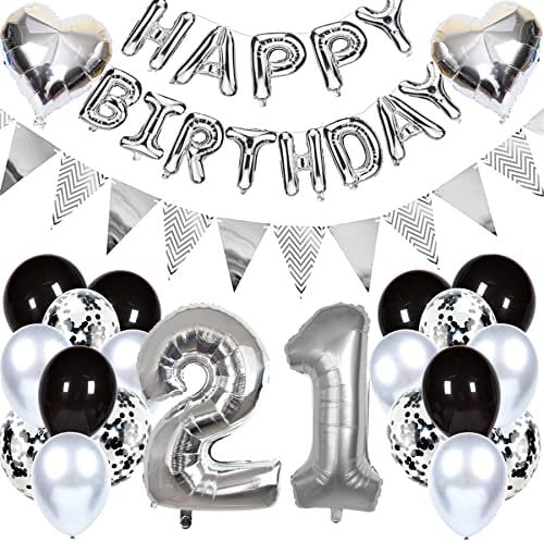 Ouceanwin Geburtstagsdeko 21 Jahre Männer Frauen, Luftballon 21. Geburtstag Dekoration, Folienballon Zahl 21 Silber, Helium Ballon Happy Birthday Girlande für 21. Geburtstag Party Deko