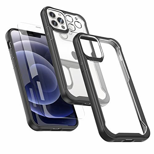 ORETECH per Cover iPhone 12 Pro Max, [2 Pezzi Pellicola Protettiva in Vetro Temperato & 1 Pezzi Pellicola Fotocamera] Antiurto Ultra Sottile Hard PC Silicone Custodia iPhone 12 Pro Max Cover - Nero