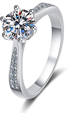 StarGems 1ct Moissanit 925 Silber Platiniert&Zirkonia Band Klassisch Ring mit sechs Zacken B4551-1ct-7.5