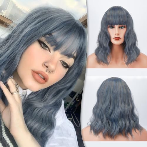Barsdar Kurze Bob Perücken mit Pony schulterlange Frauen kurze Perücke Lockige Gewellte Cosplay Perücke Perücke für Mädchen Kostüm Perücken Bunte Natürliche Gewellte Perücken Grau Meliert Blau