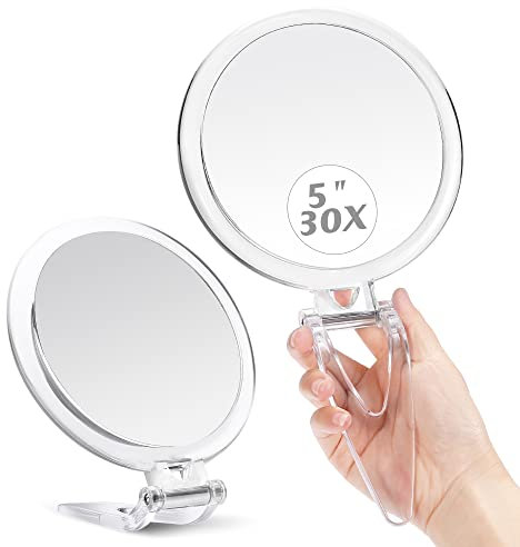 MIYADIVA Handspiegel 30X Vergrößerungsspiegel mit Griff, Reise-Handspiegel mit doppelseitigem 1X/30X Vergrößerungsspiegel, 5 Zoll Vergrößerungs-Makeup-Spiegel als Geschenk für Eltern.