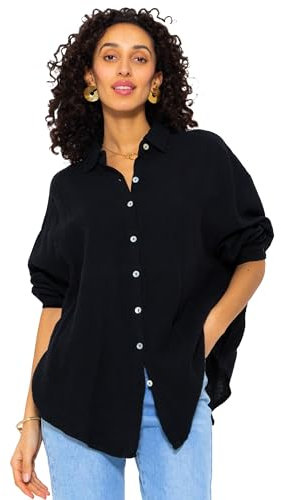 SASSYCLASSY Oversize Musselin Bluse Damen Langarm - Oversized Freizeit Look - Hemdbluse lang aus Baumwolle mit V Ausschnitt - Long-Bluse One Size (Gr. 36-48) Schwarz