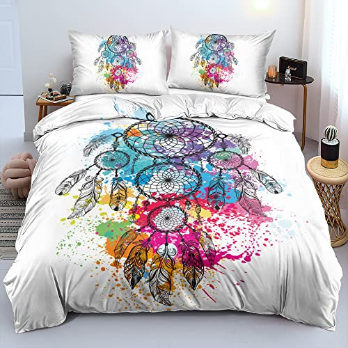 Chanyuan Traumfänger Bunt Bettbezug 155x220cm, 2 Teilig Weiß Bettwäsche Set Weich Mikrofaser Exotisch Stil Federn und Blumen Muster mit Kissenbezug 80x80cm