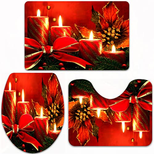 URSOPET Badteppich-Set 3-teilige, rutschfeste,Weihnachtsmotiv Red Candle Holiday,rutschfeste Badematte, U-förmiger Konturteppich und Toilettendeckel