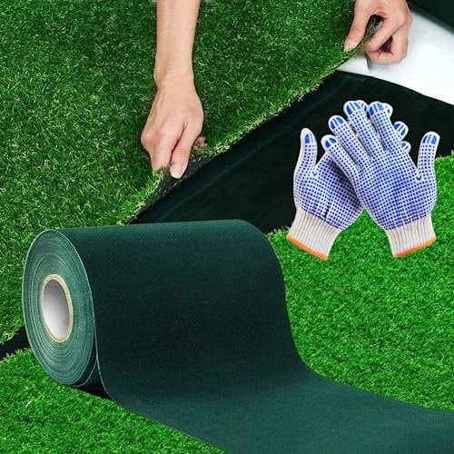 Kunstrasenband,15cm * 10m,selbstklebend,synthetischer Rasen Nahtband Doppelseitiges,Befestigung,grüner Rasenteppich, Verbindung von Kunstrasen,1 Paar Handschuhe