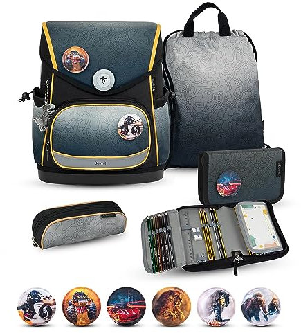 Belmil Premium Compact Plus ergonomisches Schulranzen Set 5 - teilig, AGR, Brustgurt, Hüftgurt, Magnetverschluss (405-41/P/S) (Black Grey)