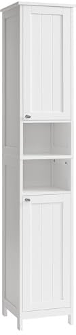 VASAGLE Tall Bathroom Cabinet with Lights, Slim Bathroom Storage Cabinet, Freestanding Narrow Storage Unit with Adjustable Shelves, Open Compartments, for Small Spaces, Modern, Cloud White BBC566W04