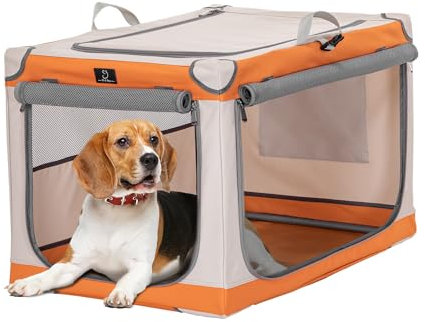 A 4 Pet Hundebox faltbar mittlere Hunde Auto Transportbox Hund Soft tragebar Hundebox für zuhause, leicht zu verstauen mit montiertem Aluminium Rahmen, einstellbare Kompatibilität (M, Orange+Beige)