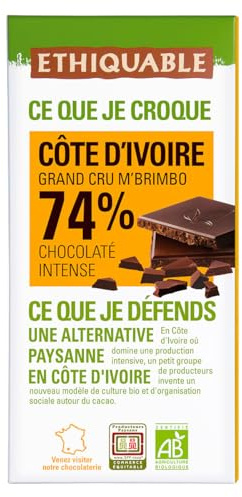 ETHIQUABLE - Chocolat noir 74% cacao Côte d'Ivoire Bio 100g - Vente à l'unité - meilleure offre