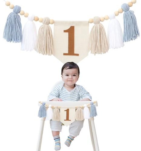 Handgefertigtes Boho-Hochstuhl-Banner zum 1. Geburtstag, Party-Dekoration für Mädchen, Babyparty, blaue und weiße Wandbehänge, dekorativ für Kinderzimmer
