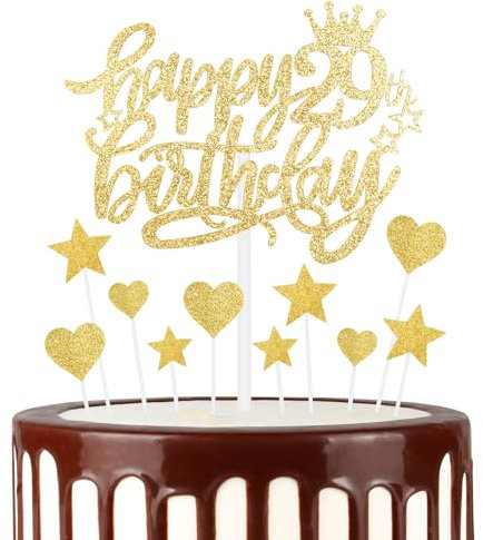 Gold Glücklich 29th Geburtstag Kuchen Toppers, Gold Kuchen Cupcake Toppers für Kuchen, Glitter Herz Sterne Kuchen Toppers, Gold Kuchen Toppers für Frauen Männer 29th Geburtstag Kuchen Dekorationen