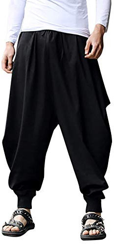 Outlet Store Clearance Prime Herren Designer Chino Hose Hosen Baggy Cotton Harem Hoses Hosen Hosen Ziggy Festival Herren Leinen stabile Retro-Herrenhose (Black, S)