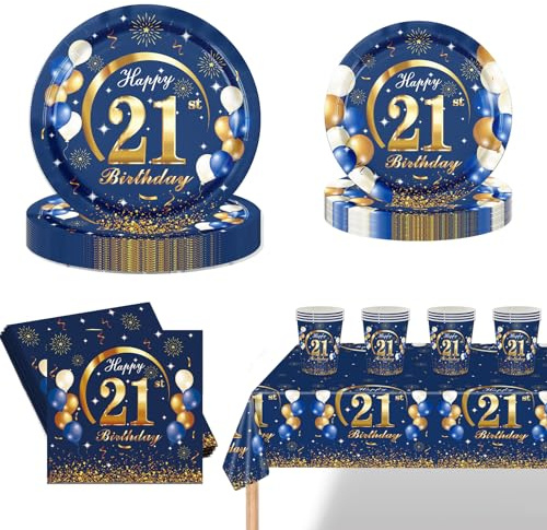 POPOYU 69Pcs 21st Birthday Party Tableware Navy Blue,21stBirthday Napkins Blue and Gold,21st BlueGold Table Cloth,21stBirthday Paper Plates and Cups for Men Women Birthday Gifts Party Supplies