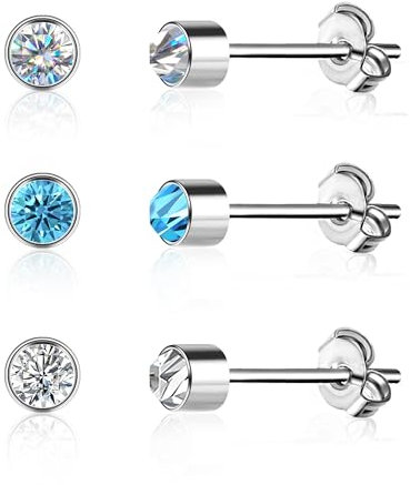ALEXCRAFT Orecchini Punto Luce Acciaio Inossidabile 316L Orecchini Donna Argento Set Orecchini Uomo Diamante e Zirconi Bianchi Rosa Blu Colorati Cartilagine 3 Paia Set