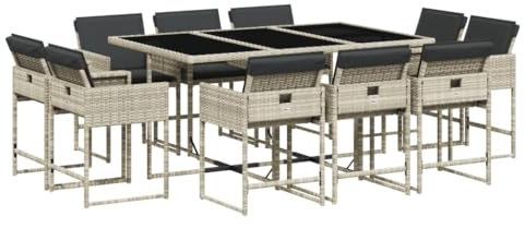 Gecheer 11-TLG. Polyrattan Sitzgruppe 10 Personen, Balkonmöbel Set, Gartenmöbel Set 10 Stühle mit Tisch, Garten Essgruppe mit Kissen,Gartengarnitur Möbelsets Sitzgarnitur Terrassenmöbel Hellgrau
