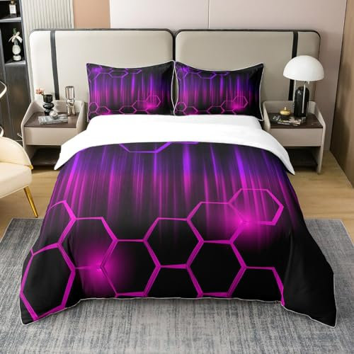 richhome Parure de lit 100 % coton avec housse de couette et 1 taie d'oreiller douce à rayures géométriques pour enfants – Housse de couette en nid d'abeille – Violet/rose fluo