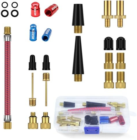 ZZMORNI Bicycle Valve Adapter Set with 2 Sets Aluminium Valve Caps, Full Valve Adapter, Air Pump Adapter, Ball Pin Adapter, Car Valve Adapter and French Valve Adapter
