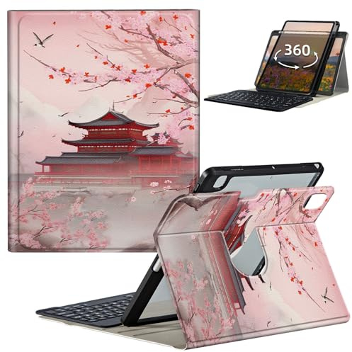 GFRGTFHYT Keyboard Case for iPad Pro 12.9 6th/5th/4th/3rd Generation 2022/2021/2020/2018 with 360 Degree Rotating Slim Cover with Detachable Wireless Keyboard & Pencil Holder, Japanese Landscapes