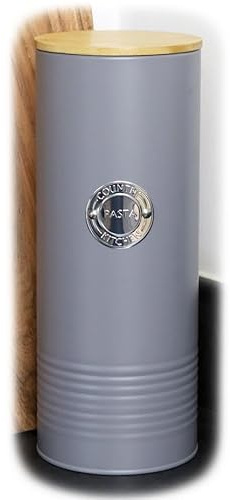 Grey Pasta Storage Canister 28.5cm Metal Tall Neutral Country Kitchen Lidded Food Jar