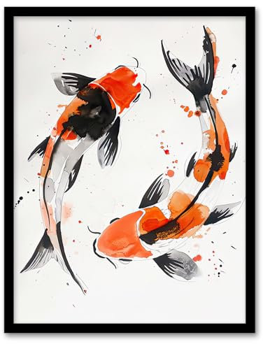 Artery8 Two Japanese Koi Carp Fish Bright Watercolour Living Room Artwork Framed Wall Art Print A4