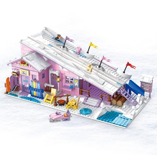 QLT City Winter Ski Lodge Building Block Set for Kids - Compatible with Lego City Snowy Mountain Adventure with Slope, Ski Equipment, and Cozy Lodge Details - STEM Ideal for Girl Ages 6+