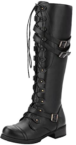 Stivali sopra il ginocchio, da donna, con lacci, stivali da equitazione, in pelle, da donna, gotico, western, Nero , 43