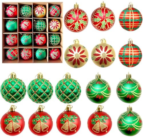 16 STK Mini Weihnachtskugeln mit Aufhänger, Weihnachtsschmuck, Christbaumkugel-Set, Kugeln Mini Weihnachtsbaum, 6CM für Festival Dekore Weihnachtsbaumschmuck, Traditionelles Thema Rot Grün