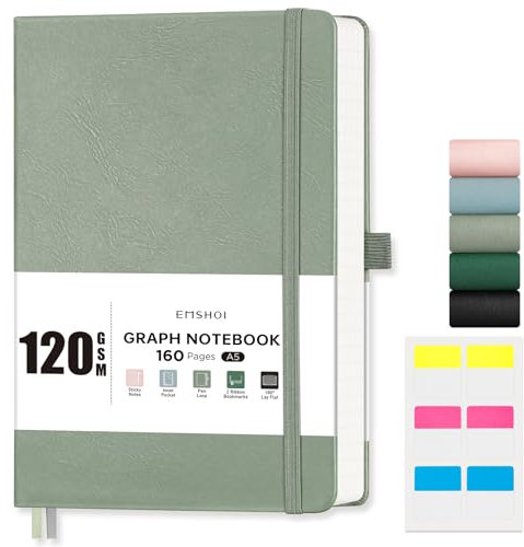 EMSHOI A5 Notebook Graph Paper - 120 GSM Hardcover Leather Squared Journal with Sticky Notes, 160 Pages Grid Notebook for Women Men Work School Graphing, Engineering, 14.5 X 21 cm - Light Green