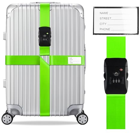 Veki Kreuz Gepäckgurte Kofferband Gurt TSA-Genehmigt mit Schloss Verstellbare Reisekoffergurte Koffergurt mit Namensausweis Packgurte für Koffer (Grün, 1 Stück)