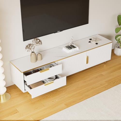 Zepneiy Meuble TV avec poignées et Pieds dorés, Plateau Bas sculpté et texturé, Dessus en marbre texturé, Blanc