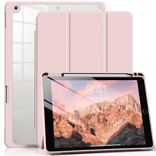 aoub Case for iPad 9th/8th/7th Generation 10.2 Inch (2021/2020/2019) | Transparent Protective Case for iPad 10.2 9/8/7 Gen with Pencil Holder, Shockproof Clear Cover, Auto Wake/Sleep, Pink