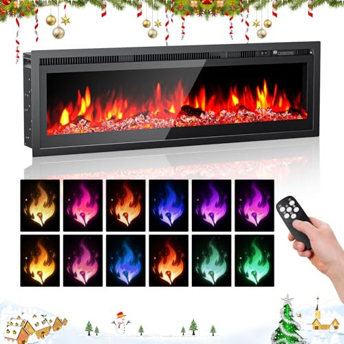 GJCrafts Elektrischer Kamin, Wandmontage/Einbau/Freistehend 40 / 102 cm Elektrokamin, 5 Helligkeitseinstellungen, 12-farbige Flamme, Kristall- und Holzscheit-Set, 750 W/1500 W