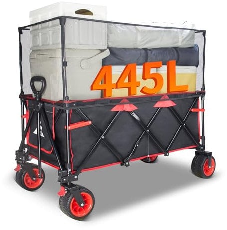 TOPWELL Bollerwagen faltbar mit Dach Handwagen Transportkarre Gerätewagen-10CM Breite Räder-445I großes Fassungsvermögen mit Bremse Verstellbarem Griff-für Camping Einkaufen (Schwarz/Rot)