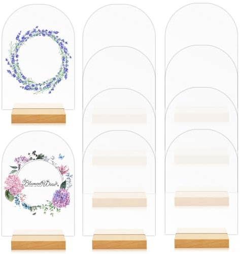10 placas acrílicas de arco, soporte para tarjetas de madera, arco acrílico, placa en blanco con base de madera, números de mesa de boda, reutilizables, para restaurantes, hoteles, conferencias,