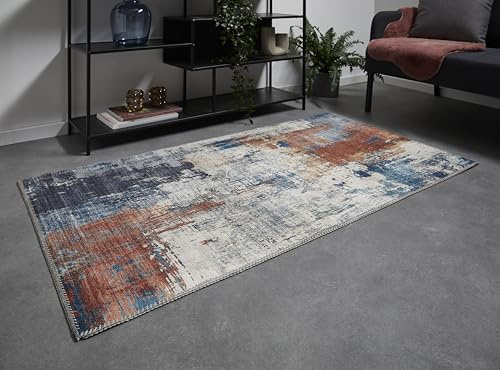 -LUXOR- living Teppich Wohnzimmer Polino im Vintage Design - Wohnzimmerteppich Teppich Kurzflor Digitaldruck in zeitlosem Design 80 x 150 cm blau-Koralle