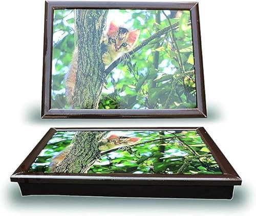 HOME BLEND Large Wooden Lap Tray – Soft Padded Bean Bag Cushion, Climbing Cat on Tree Design – Multipurpose Serving, Laptop & Dinner Tray for Home & Office