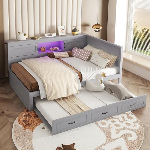 Merax Schlafsofa 140x200 Tagesbett Ausziehbar Funktionsbett mit LED-Beleuchtung, Staufach, Steckdose + USB - Holzbett Bettrahmen mit Lattenrost (ohne Matratze), für Wohnzimmer/Schlafzimmer, Grau