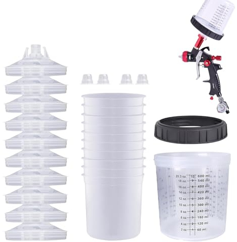Lackbecher - 10 Stück Pneumatische Sprühfarbe Einwegbecher Mit 10 Deckel, 1 Versiegelungsstopfen Und 4 Stopper, Transparentes Lackmischbecher Für Auto, Kunstprojekte - 600 Ml