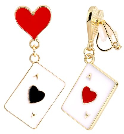 Poker Ohrringe für Damen, Asymmetrische Rote Herzen & Pik Ohrclips Baumelnden Tropfen Funky Ace Spielkartenschmuck Kostümzubehör für Halloween Karneval Casino Party